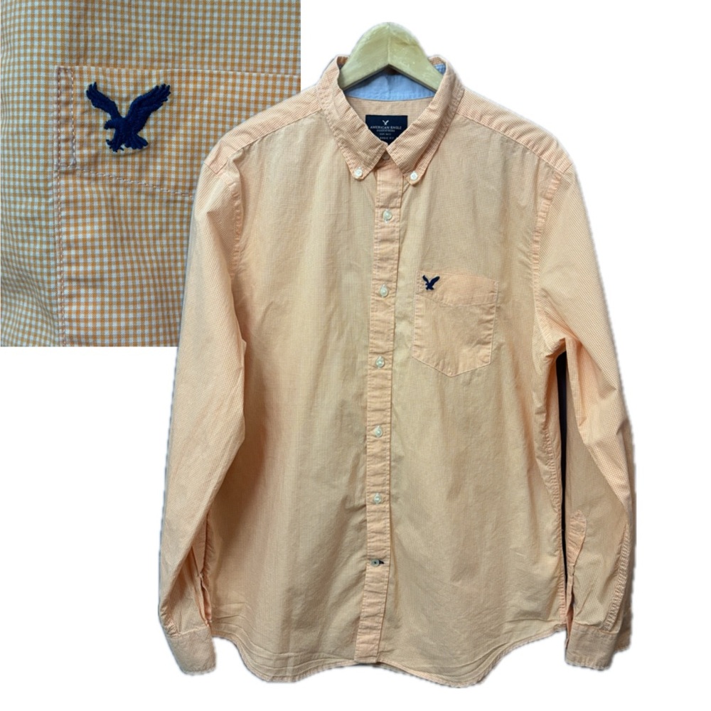 American Eagle Outfitters Men's Orange Gingham Shirt Long Sleeve Preppy Size XL